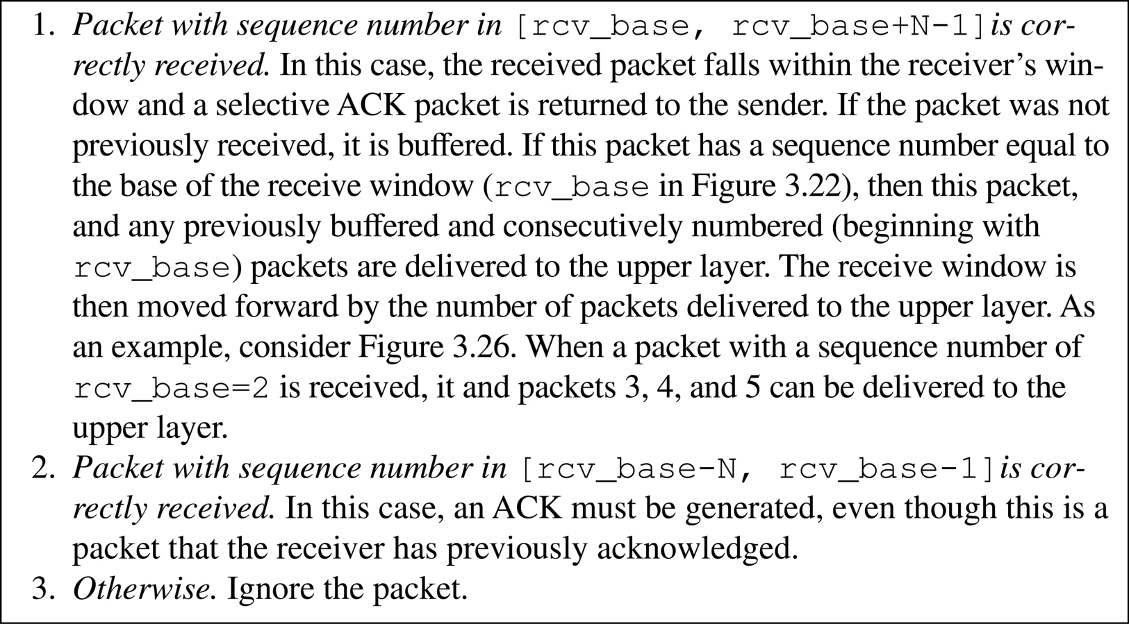 图 3.23 SR 发送方与接收方视角的序号空间(Figure 3.23: Selective-repeat (SR) sender and receiver views of sequence-number space)